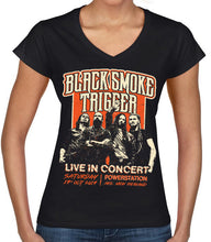 Load image into Gallery viewer, Black Smoke Trigger - Retro Live In Concert Ladies V-Shirt - Orange/Cream - Black Smoke Trigger