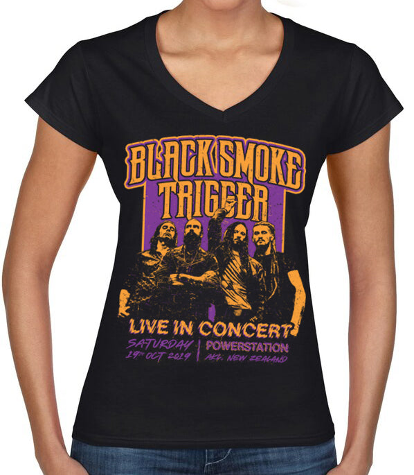 Black Smoke Trigger - Retro Live In Concert Ladies V-Shirt - Purple/Gold - Black Smoke Trigger