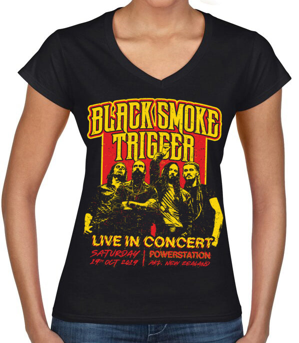 Black Smoke Trigger - Retro Live In Concert Ladies V-Shirt - Red/Yellow - Black Smoke Trigger
