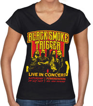 Load image into Gallery viewer, Black Smoke Trigger - Retro Live In Concert Ladies V-Shirt - Red/Yellow - Black Smoke Trigger